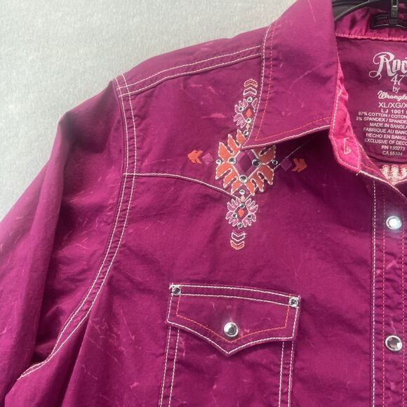 Rock 47 By Wrangler XL Western Shirt Snap Pink Embroidered Rodeo Rhinestone - Picture 5 of 15